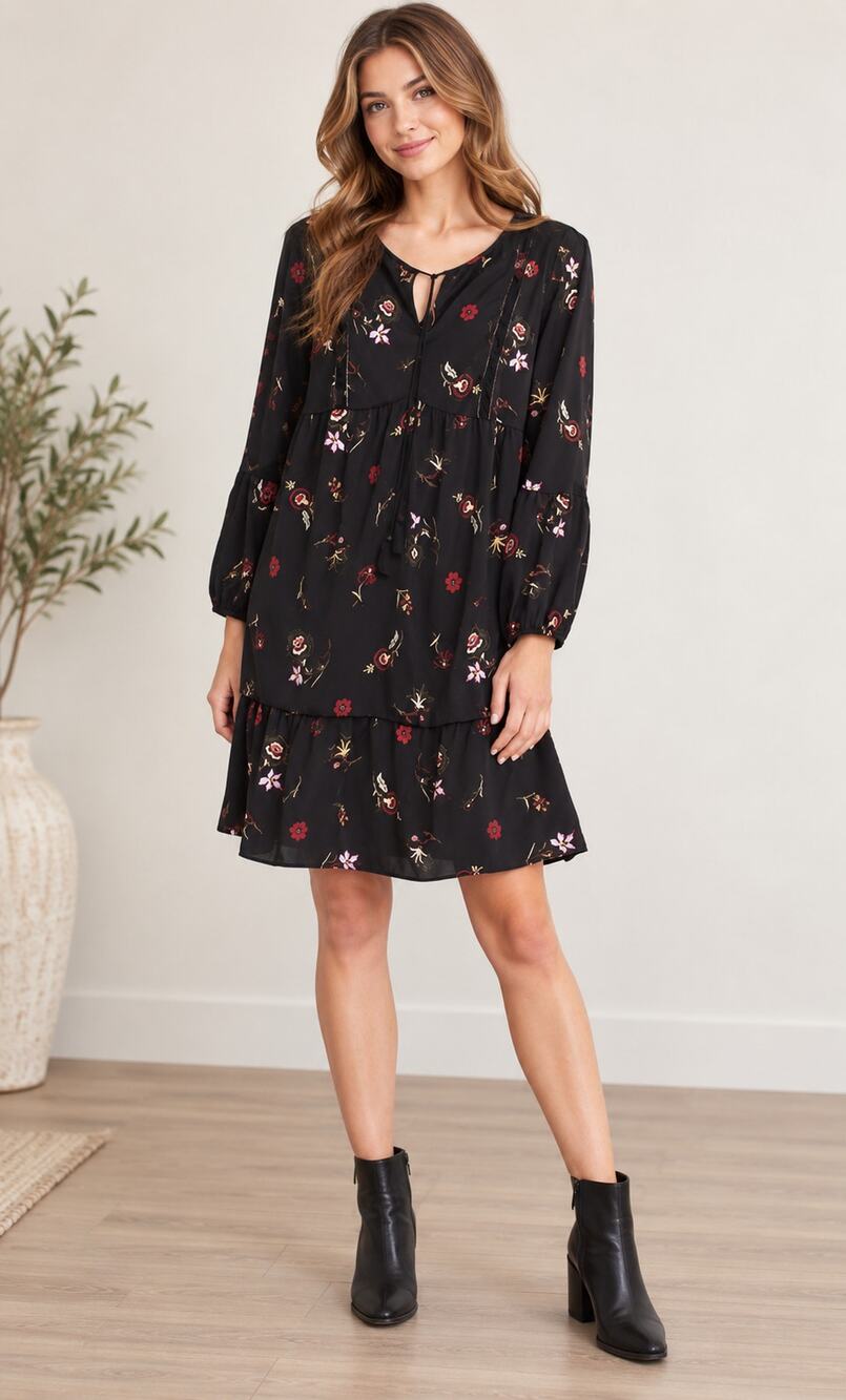 Old Navy Velvet Trim Black Floral Dress Womens Size Medium Tassels Satin